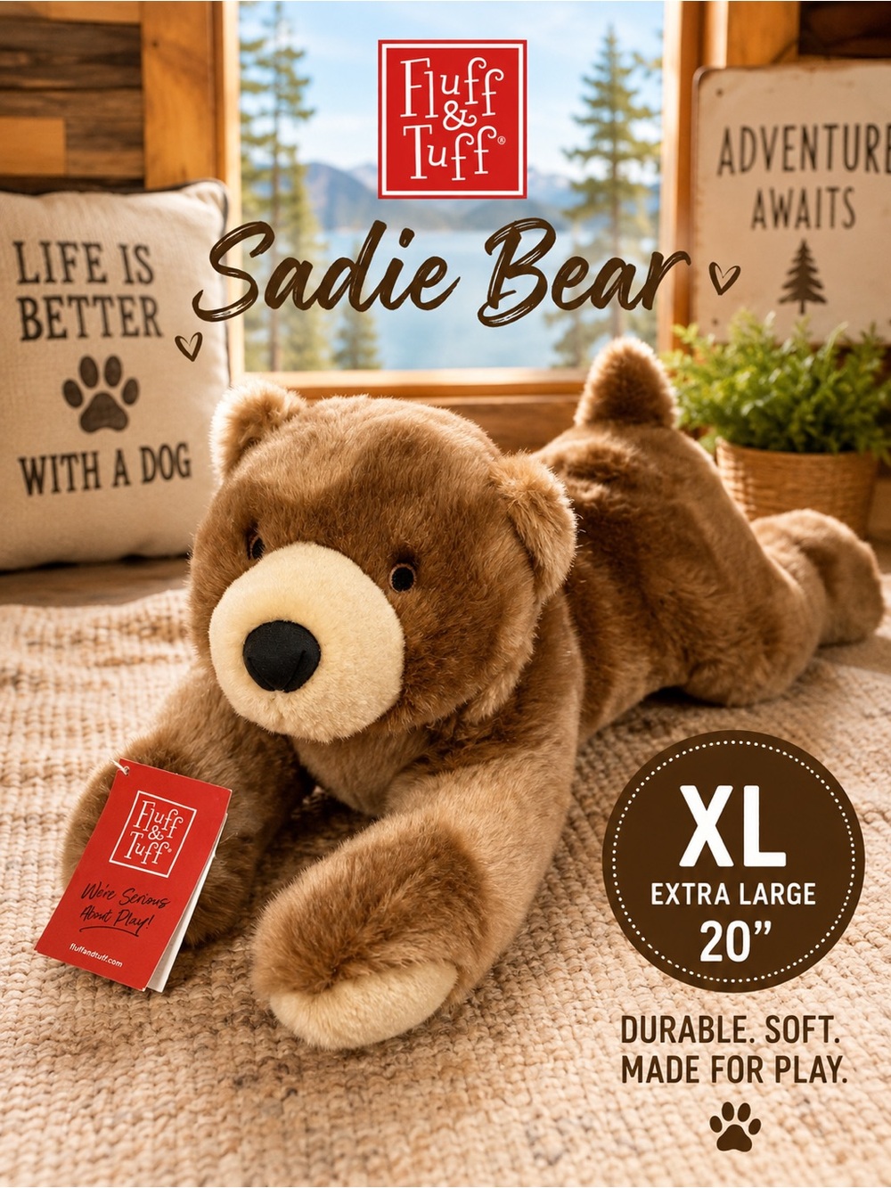 Fluff & Tuff Sadie Bear Plush Dog Toy 20” Brown Squeaky Durable Machine Washable